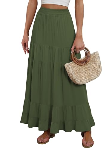 Image of ANRABESS Womens Maxi Skirt Elastic High Waist Swing Tiered A-line Flowy Pleated Boho Beach Vacation Long Skirts