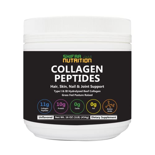 SHIFAA NUTRITION Halal & Grass-Fed Hydrolyzed Collagen Peptides Protein Powder Unflavored, 1 Lb. (16 Oz) | Type I & III | for Hair, Skin, Nail, Joints | Keto & Paleo Friendly, Sugar-Free, Gluten-Free