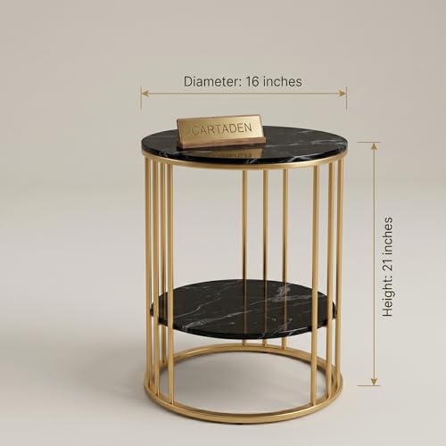 Image of CARTADEN Side Table, Small Round End Table with Lower Shelf, Nightstand for Small Spaces, Bedside Coffee Table for Living Room, Bedroom Gold Black
