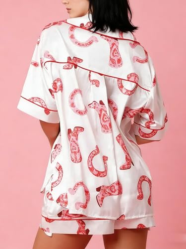 Image of Yiulangde Women's Easter Pajamas 2 Piece Sets Satin Short Sleeve Preppy Easter Eggs Bunny PJs Outfit Button Up Loungewear Set