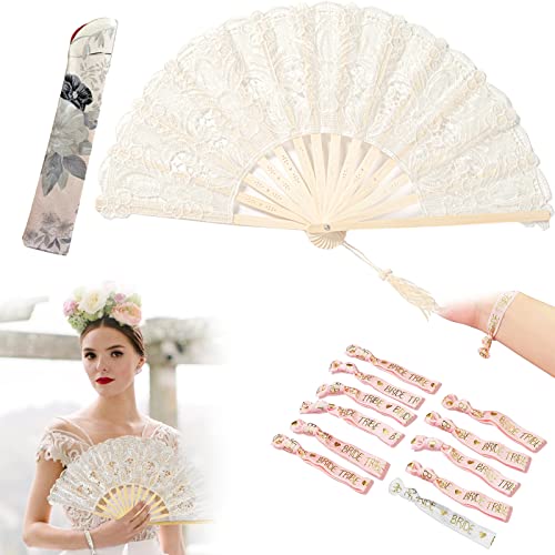 Abanicos Para Novias Abanico Novia Boda Plegable Bambú Nupcial Regalo Adecuado Para la Decoración De Bodas o Fiestas Hecho de Encaje y Bambú Contiene 1Abanico Mano 11 Muñequeras 1Bolsa Almacenamiento