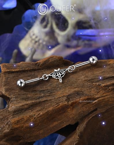 OUFER Moth Industrial Piercing jewelry, Chain Industrial Bar, 316L Surgical Steel 14G Industrial Earrings for Women Men, Hallween Industrial Jewelry3