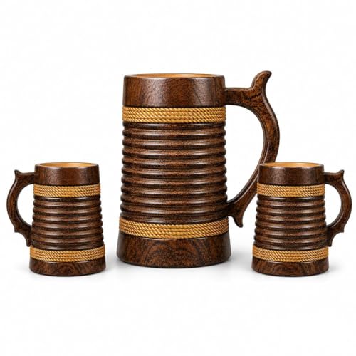 Image of Wooden Beer Bar Combo Set | Barrel Shaped Jumbo Mug | 2 Small Beer Mug 350ML (5 x 4 inches Each) & 1 Large Beer Jug 750ML | Ring Groves