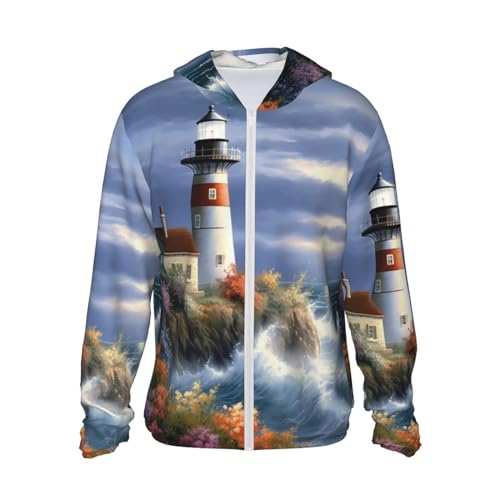 LZQPOEAS Sun Protection Hoodie Lighthouse Diamond Painting Jacket Lightweight Long Sleeve Sun Shirts for Outdoor Hiking Medium