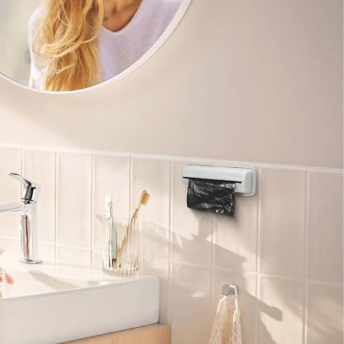 Image of balacoo Hanging Trash Bag Dispenser with 2 Hooks - Wall Mounted Garbage Bag Holder Organizer for Kitchen Bathroom Laundry Room Storage Compact 7.20X2.67X1.96In Plastic Trash Container