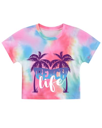 Image of DDSOL Girls Crop Tops Summer Palm Tree Sunset Beach Shirt Hawaii Short Sleeve Tropical Tshirts for Teen Girl 6-14 Years