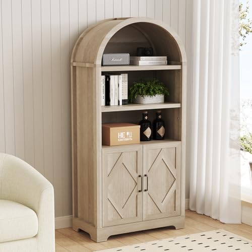 71" Tall Arched Bookcase with Storage, 5 Tier Mid-Century Modern