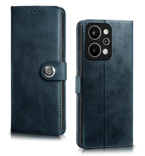 Image of Genuine Leather Inside Back TPU Wallet Button | Magnetic Stand & Card Slot Dual Layer Flip Cover Compatible for Realme RMX5107 / P4 Power 5G - Navy Blue