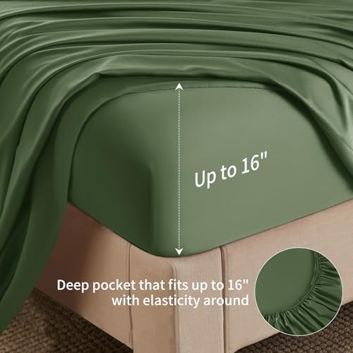 Image of Shilucheng 6 Piece Queen Sheet Sets, Cooling Sheets, Blend Rayon Derived from Bamboo, Deep Pocket Up to 16 inch, Breathable & Soft Bed Sheets, Hotel Silky Bedding Set, Olive Green