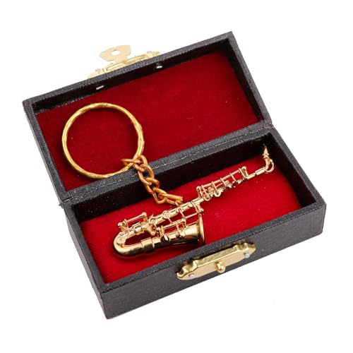 Dselvgvu Llavero de instrumento musical en miniatura con estuche de latón, mini figuras coleccionables, réplica, llavero, regalo de cumpleaños, Llavero de saxofón de 2.5 pulgadas, 2.48 inches