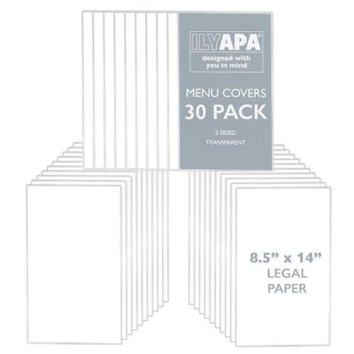 Image of Ilyapa Restaurant Menu Covers 8.5 x 14 Inch - 30 Pack, Single Page, 2 View Clear Menu Holder Sleeves for Restaurant, Durable PVC Hard Plastic Sheet | Durable PVC Plastic Sheet Protector, For Restaurant Menu Display, Double-Stitched Edges