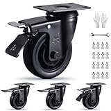 4 Inch Heavy Duty Caster Wheels Set of 4 Black Swivel Casters 2200Lbs Load Capacity Silent Elastic Rubber Wheels Industrial Plate Castors with Brake for Cart Furniture Workbench All 4 with Brakes
