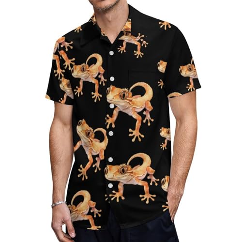 Watercolor Cute Crested Gecko Hawaiian Shirts for Men Short Sleeve Blouse Button Down Tee Top