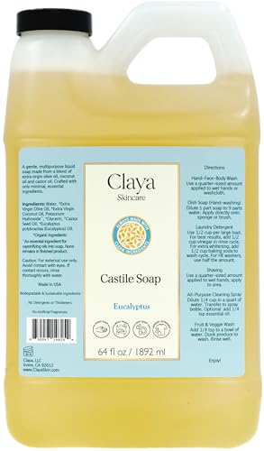 Claya Liquid Castile Soap – Organic Ingredients, Biodegradable, Gentle for Sensitive Skin and Versatile Use (64 fl oz, Eucalyptus)