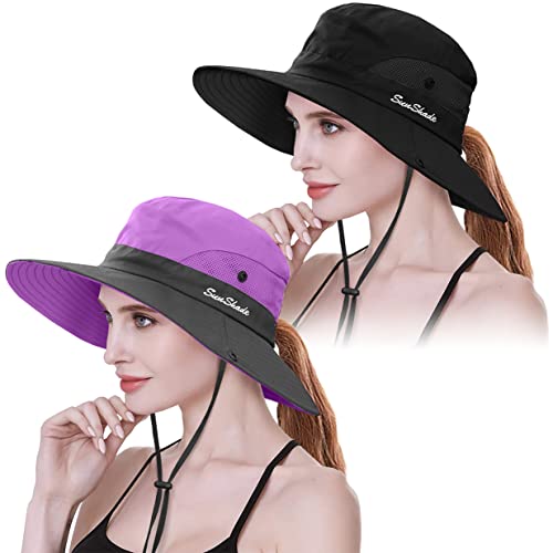 IYEBRAO 2 Pack Womens Ponytail Sun Hat UV Protection Bucket Hats Foldable Wide Brim Summer Boonie Beach Cap Fishing Hiking, Black & Purple, One size