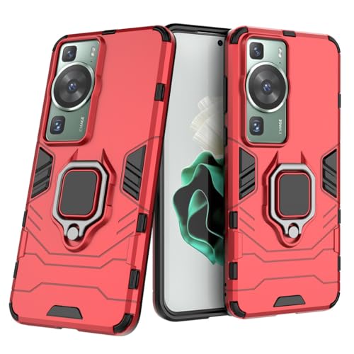 Compatible with Huawei P60, Huawei P60 Pro Case, Metal Ring Grip Kickstand Shockproof Hard Bumper (Works with Magnetic Car Mount) Dual Layer Rugged Cover (Red)