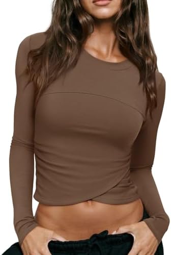LASLULU Womens Sexy Crossover Crop Top Long Sleeve Workout Tops Crewneck Athletic Yoga T-Shirts Fall Outfits