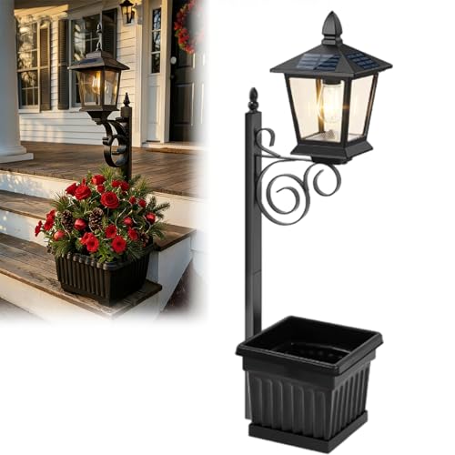 Hoodink 1/2 Pcs Solar Post Light With Planter, Room Decor For Easter Wedding Decorations, Black Post Light, 2 In 1 Outdoor Solar Post Light For Porch Front Door Patio Roadside Decoration