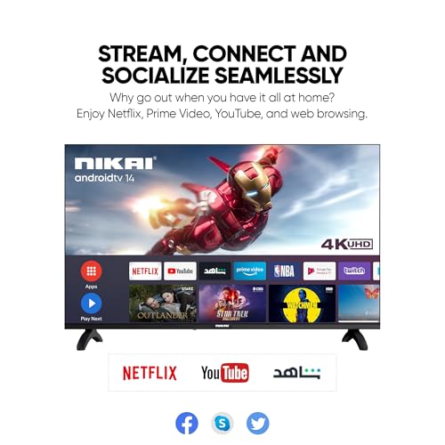 تلفزيون نيكاي الذكي فائق الوضوح 4K LED، مقاس 65 بوصة، بنظام أندرويد، تطبيقات ذكية (نتفليكس، يوتيوب)، منفذ HDMI، USB، واي فاي | معالج رباعي النواة عالي الأداء، دقة 3840 × 2160 | UHD65SLED