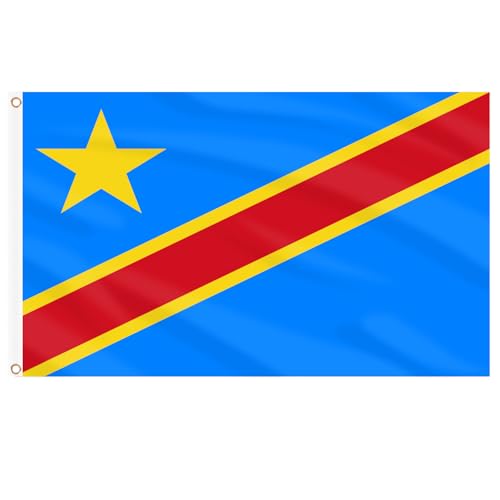 AhfuLife Drapeau du Congo DR 90 x 150 cm 1 Pièce Drapeau National de la République Démocratique du Congo Grand Drapeau Bleu avec Rayures Rouge Étoile Jaune pour Coupe du Monde, Fête Nationale Fête