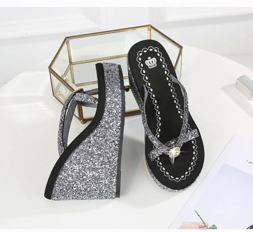 Women's Super High Heel Platform Sequin Diamond Flip Flops Shiny Sequin Wedge Non-Slip Comfortable Flip Flops.4