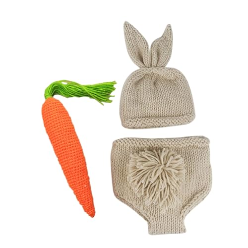 FUNNETOYU Conjunto de Disfraces para Fotografía de Ñiño Recién Nacido 3 Piezas de Tejido de Hilo Accesorios para Fotos Gorro Pantalones y Zanahoria Adecuado para Shower y Cumpleaños