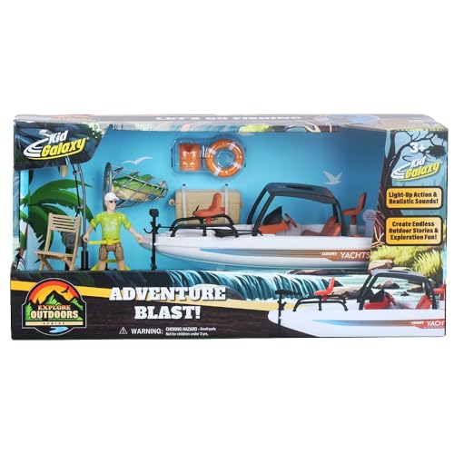 Adventure Blast Fishing Fun Playset – Light-Up Boat with Sounds, Kids Fishing Toy Set with Rod, Net, Fish & Accessories, Interactive Outdoor Adventure Toy with Articulated Figure for Kids Ages 3+