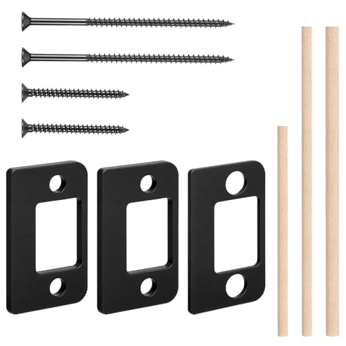 Door Strike Plate, 3 Thickness Sizes Standard Door Strike Spacer Shim Plates Stainless Steel Door-Gap Blocker Kit Doors Latch Plate with 3 Wood Dowel Strips and 4 Adapter Screw for Doors Frame Repair