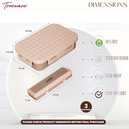 Image of Trueware Crest Lunch Box 2 Compartment Leak-Proof BPA Free Stainless Steel, Lunch Box for Kids, Lunch Box for School & Office with a Spoon, 580 ML (LBK-Crest-Light Brown BAZ)