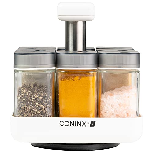 Coninx Gewürz Drehteller inkl. Gewürzgläser ohne Inhalt - Moderner Lazy Susan Gewürz Organizer - Drehbares Kunststoff Gewürzkarussel - Rotierender Gewürzständer - So macht würzen Spaß! Cover