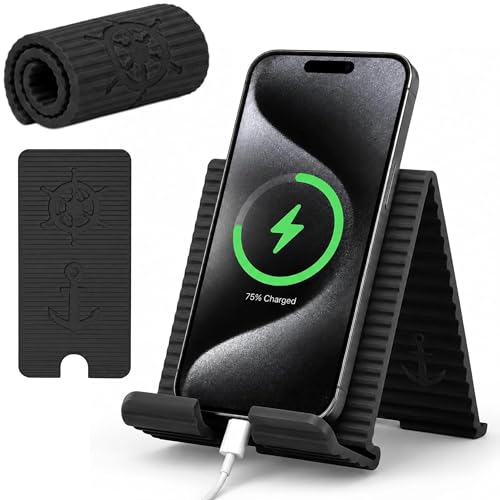 Silicone Phone Stand, Foldable Holder with Cable Cutout, Aluminum Core