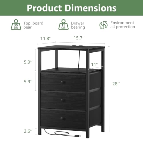 Image of BOLUO Black Night Stand with 3 Fabric Drawers, Nightstand with Charging Station LED Nightstand for Bedroom, Bedside Table with USB Ports and Outlets Modern