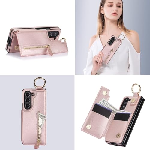 Coque Samsung Galaxy Z Fold 5 en cuir chic rose gold avec porte-carte élégant - 6
