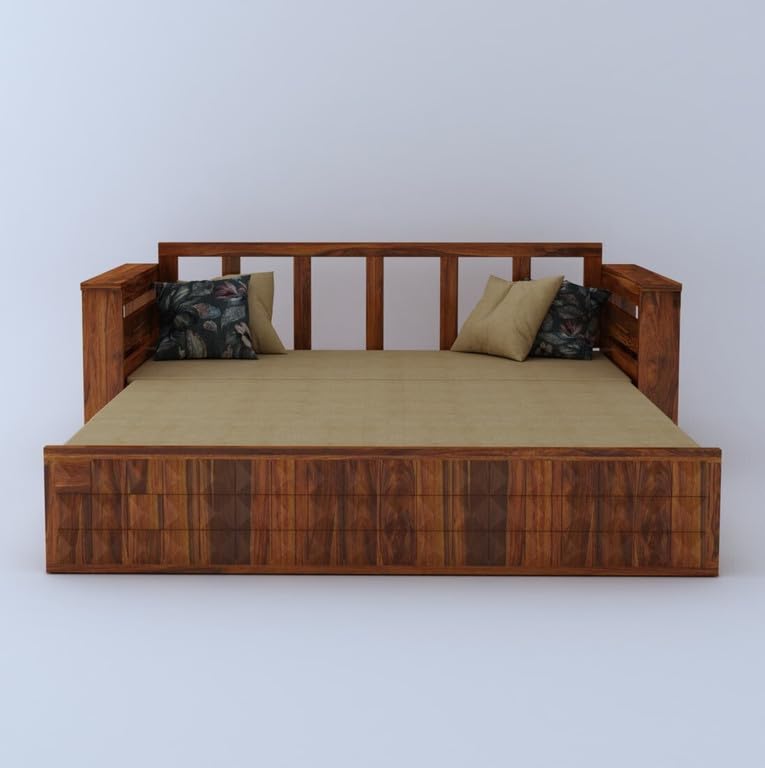 Image of Solid Sheesham Wood Sofa Cum Bed 2 Seater | Wooden Foldable Double Bed for Living Room with Headboard & Storage | Bed Cum Sofa with Mattress for Home | Diamond Design (Honey Finish)