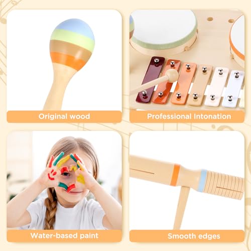GAGAKU Wooden Musical Instruments for Toddlers Montessori Wooden Toys Percussion Instruments Toy for Toddler Preschool Educational Wooden Toys for Kids Xylophone Music Toys,Baby Drum Set (One-Piece) - Thumbnail 2
