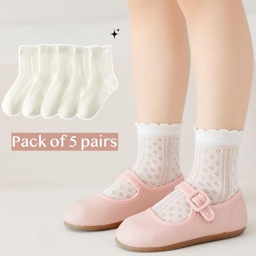 5 Pairs Girl's White Summer Thin Cotton Mesh Crew Socks with Ruffle Trim, Princess Ankle Socks for School Daily2