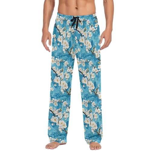 ALAZA Vintage Cherry Flowers Blue Men’s Pajama Pants Soft Long Sleep Pants Lounge Pajama Bottoms with Pockets