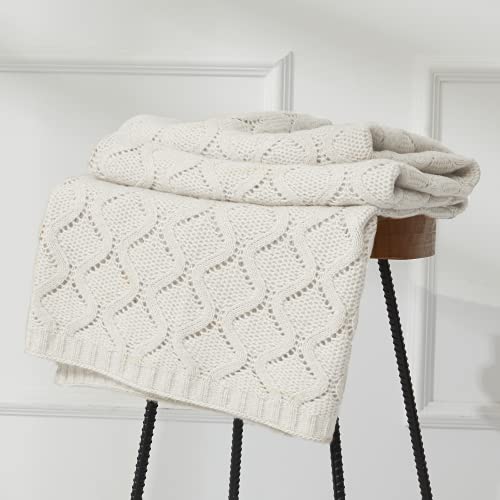 Amélie Home Lightweight Wave Pattern Knit Throw Blanket Cozy Soft Warm Farmhouse Decorative Knitted Throw Blankets For Couch Bed Sofa Living Room (Cream, 50''X 60'') #TOP5