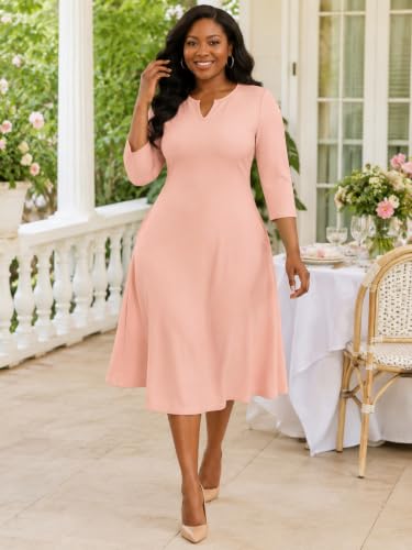 Image of PinkPatty Women's Casual 3 /4 Sleeve Midi Dresses Fit and Flare Church Work Dress with Pockets