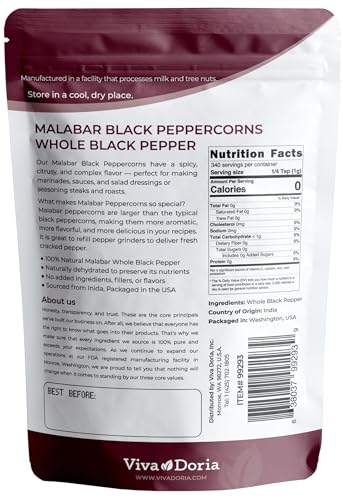 Viva Doria Malabar Black Peppercorns, Whole Black Pepper, Black Peppercorn For Grinder Refills, 12 Ounces image 5
