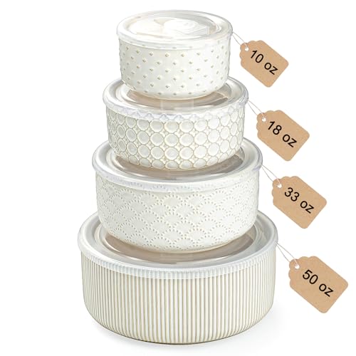 MIKIGEY Mixing Bowls with Lids Set of 4, Ceramic Nesting Bowls, Embossed Mixing Bowl Set for Food Storage, Prep Bowl, Gift, Microwave and Dishwasher Safe, 10-18-33-50 OZ, Off-White