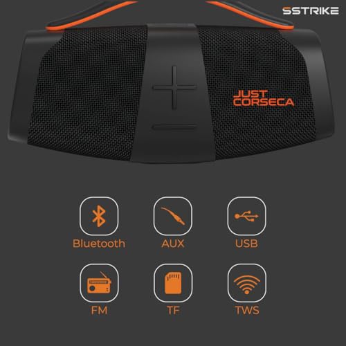Image of JUST CORSECA Sstrike 40W Wireless Bluetooth Speaker | Powerful Bass | BT 5.3 | LED Light Sync | Built-in Mic | 2400mAh Battery | 15H Playtime | TWS Pairing | Portable Handle | FM /USB Support (Black)
