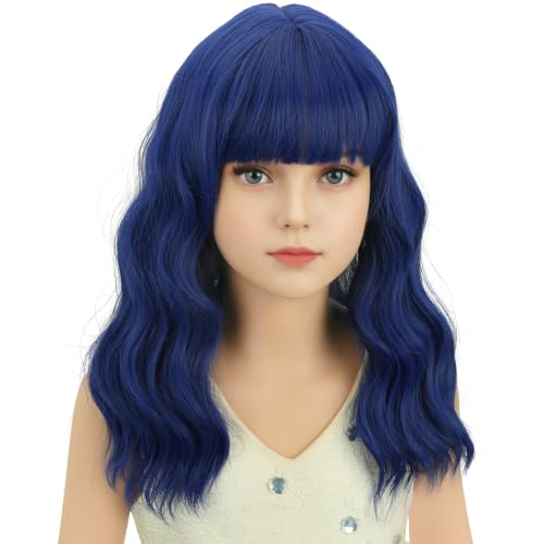 Image of Adult Navy Blue Wig Women Short Blue Wavy Curly Wigs Adult Wig with Air Bangs Synthetic Cosplay Hair Wigs