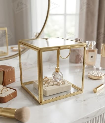 Image of Art India Collections Home Decor Glass Brass Storage Box Decoration, Golden Decorative Glass Brass Box 4x4 inch, Showers