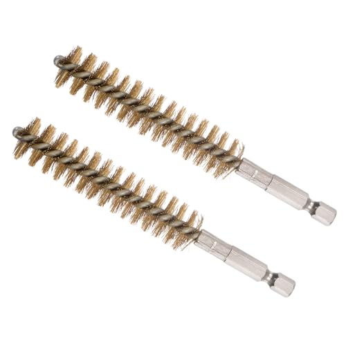 Image of Bore Brush, 17mm Dia 75mm Length, Brass Twisted Cleaning Wire Brushes with 1 /4 inch Hex Shank - (Applications: for Power Drill), 2-Pieces