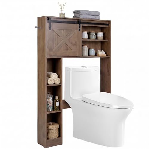 LIFEZEAL Rangement au-Dessus des Toilettes avec 3 Étagères Ouvertes et Porte Coulissante, Meuble de Rangement pour WC en Bois, Organisateur Salle de Bain...