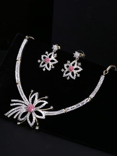 Image of Yellow Chimes Jewellery Set for Women and Girls American Diamond Jewellery Set | Rosegold Rhodium Plated AD Necklace Set for Women | Birthday Gift for Girls & Women