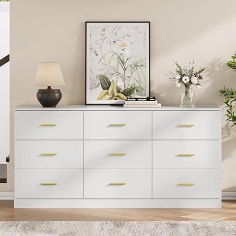 Angel Sar 9 Drawer Dresser for Bedroom, Modern White Dresser, Long Chest of Drawers with Golden Handles, Leg Free Design & Smooth Slides, Double Drawer Dresser for Closet, Sturdy Wooden Dresser Cover
