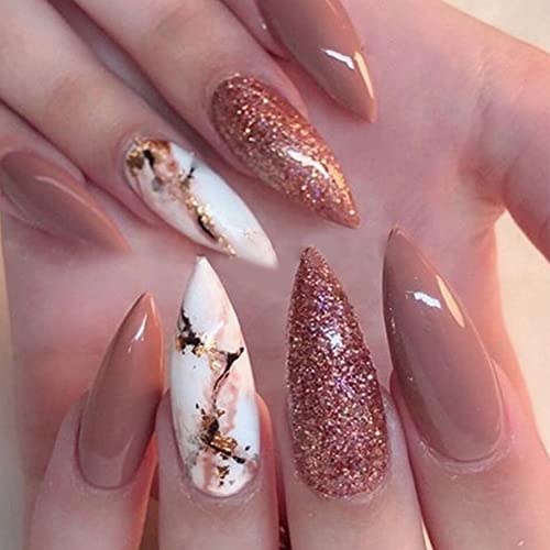KXAMELIE Extra Long Press on Nails with Designs Pink Gold Almond Fake Nails with Glue Glossy Glue on Nails French Nail Tips for Women Girls Daily Wear DIY Manicure 24PCS