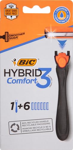 Image of BIC Comfort 3 Refillable Three-Blade Disposable Razor for Men, Sensitive Skin Razor For a Comfortable Shave, 1 Handle and 6 Cartridges, 7 Piece Razor Set (Pack of 2)